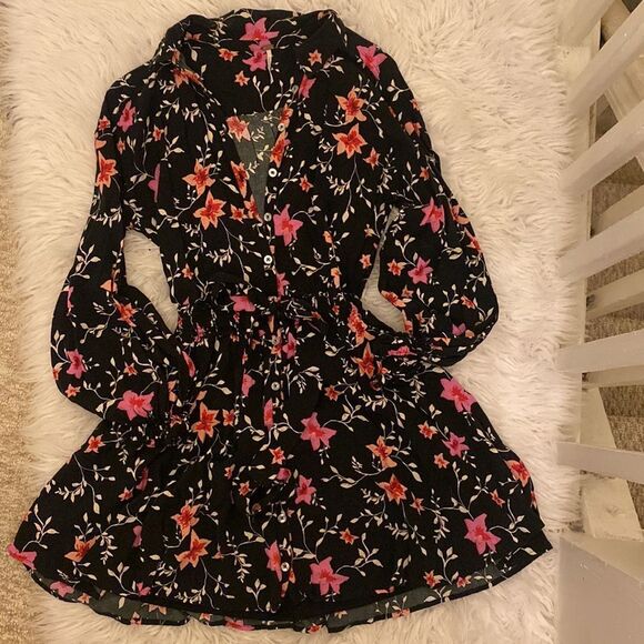 Free People Lighten Up Dress Floral on Black long sleeve with tie waist Sz XS - Picture 13 of 15